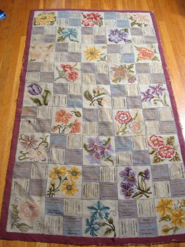 Antique 1966 Folk Art Gertrude Buttery Hooked Rug #1 75X42