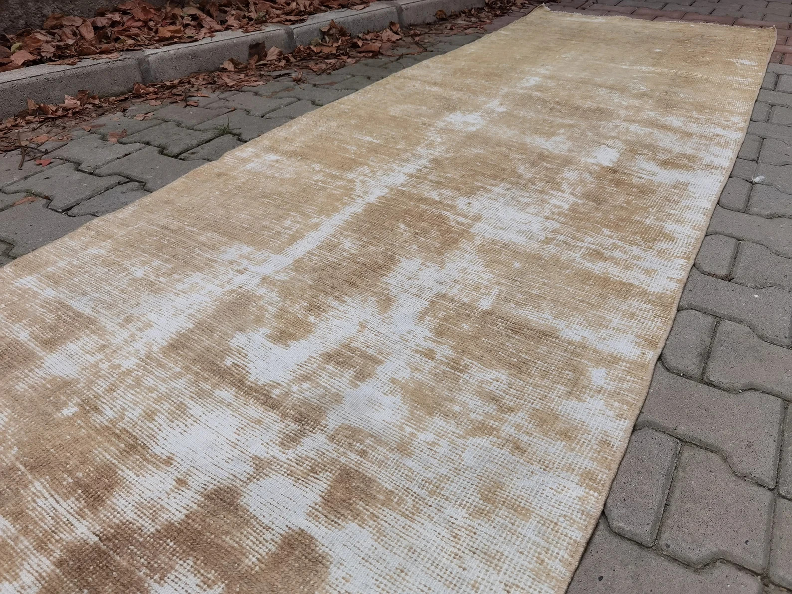 Vintage Turkish Oushak Runner 3x10 Hand Knotted Wool Distressed Beige Ghost gallery