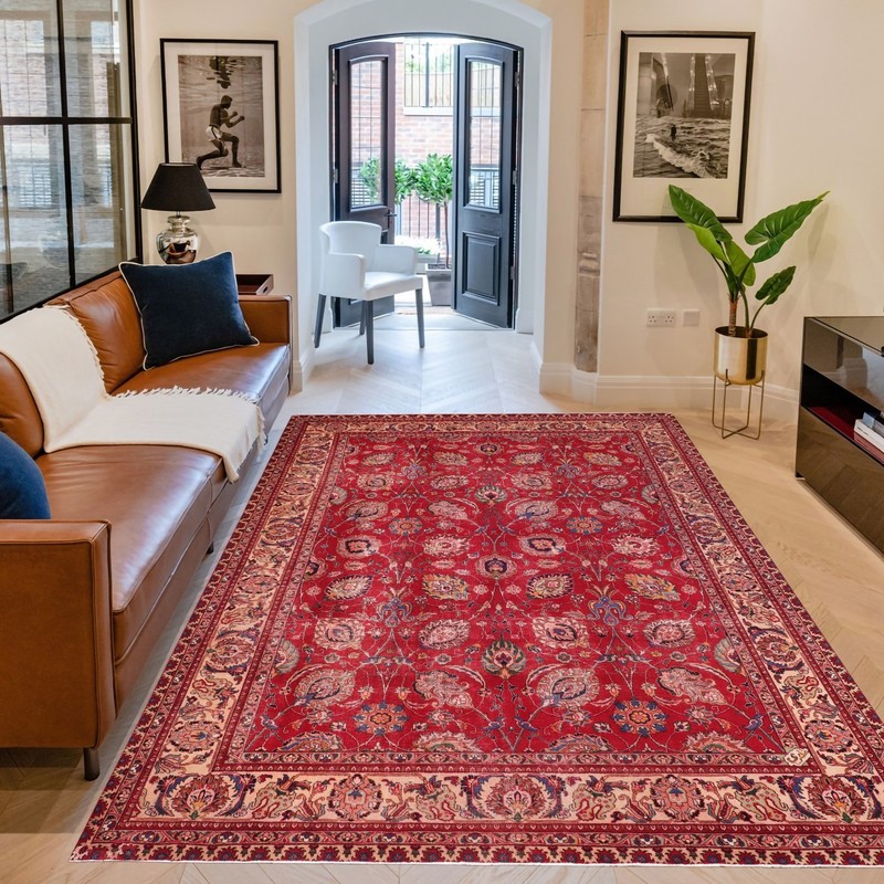 Exquisite Hand-Knotted Wool Area Rug - Ruby Red & Navy Medallion 10'1" x 12'6" gallery