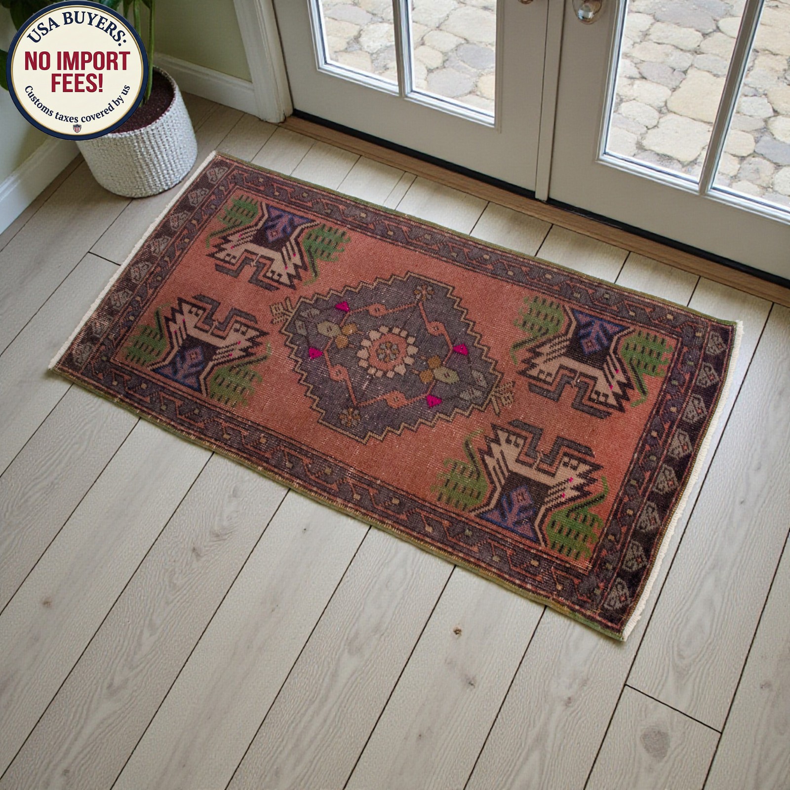 Vintage Turkish Rug Door Mat 1970s Hand Knotted Accent rug Enrty Decor 1'9 x 3'6 gallery
