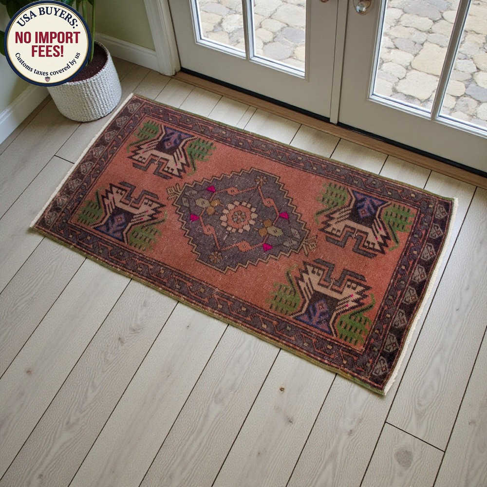 Vintage Turkish Rug Door Mat 1970s Hand Knotted Accent rug Enrty Decor 1'9 x 3'6