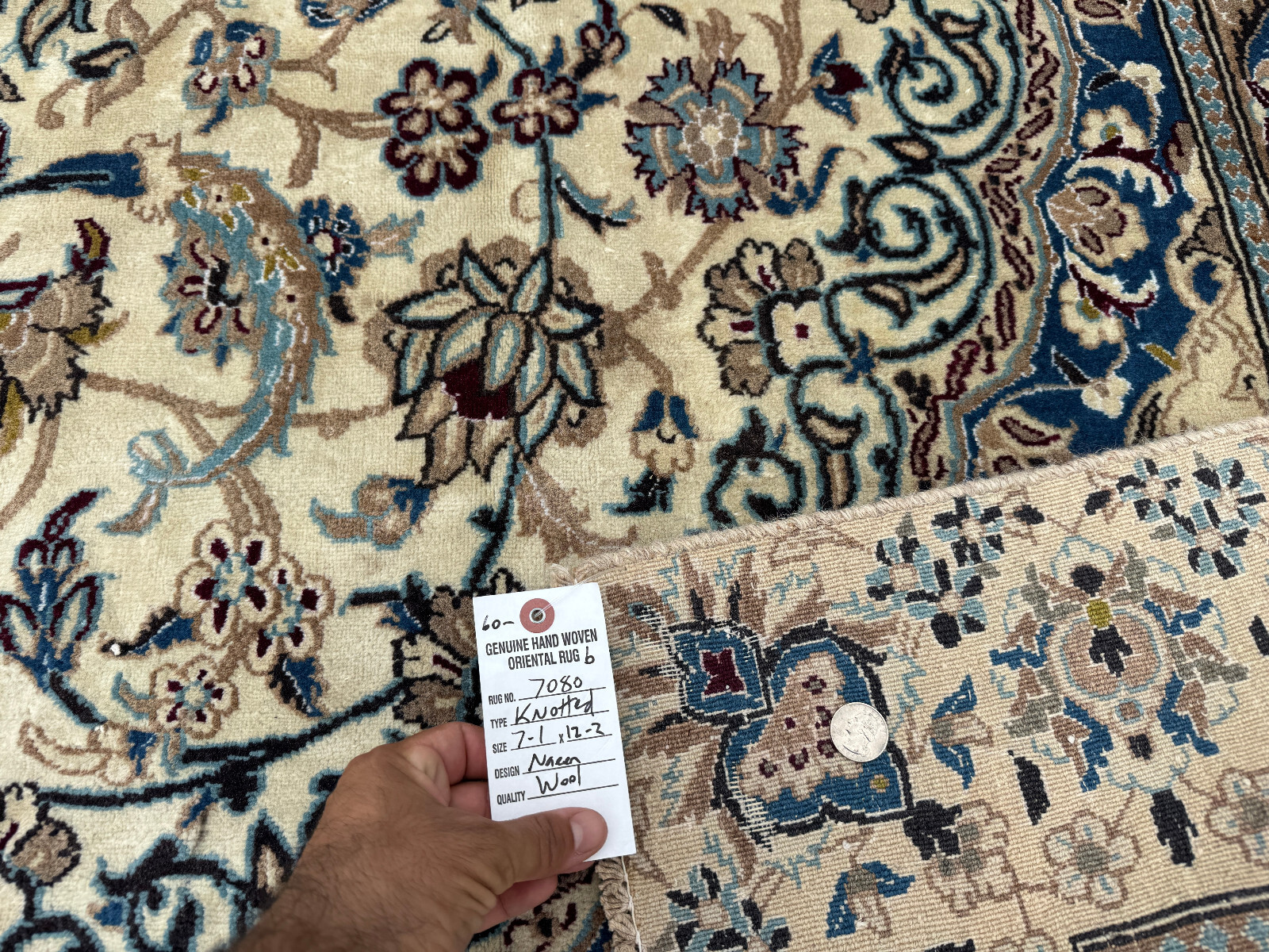 ANTIQUE IVORY ORIENTAL RUG 7x12 HANDKNOTTED vintage blue fine big real handmade gallery