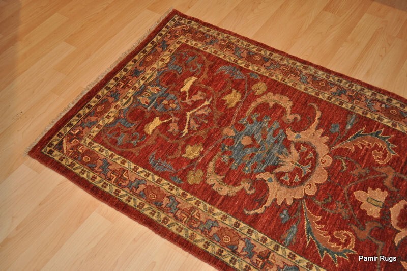 8 FT. NATURAL DYE FLORAL design rust, cream & Blue. HANDMADE chobi rug. gallery