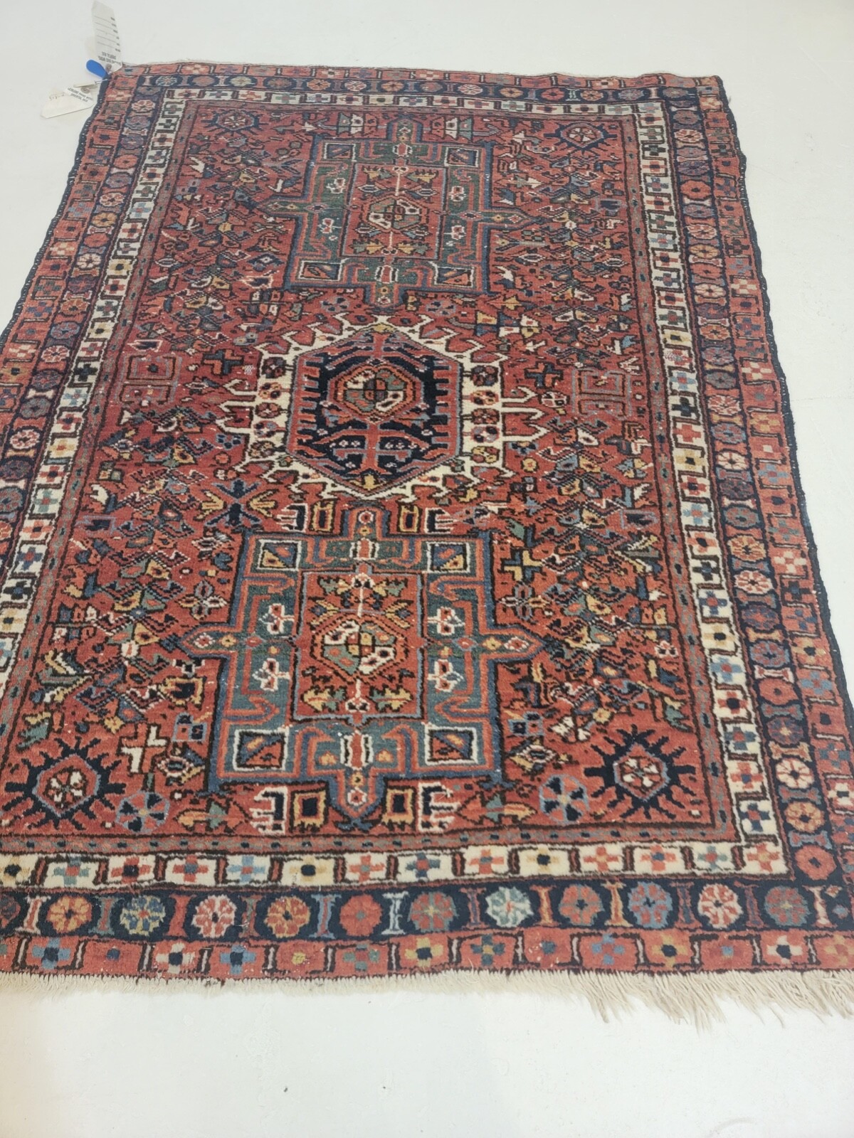 Antique Oriental Hand-Knotted Wool Area Rug Red/Ivory/Blue 4' x 5' gallery