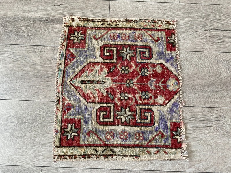 Vintage mini rug, Turkish small rug, Square rug, Bath rug, Wool rug, 1.3x1.5 ft gallery