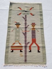 Vintage Handmade Traditional Geometric Cyan Kilim Floor Rug Carpet 119x69cm