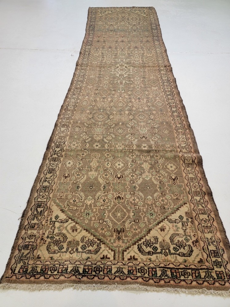 Antique Oriental Hand-Knotted Wool Runner Ivory/Beige/Brown/Green 3'2" x 13'