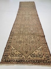 Antique Oriental Hand-Knotted Wool Runner Ivory/Beige/Brown/Green 3’2″ x 13′