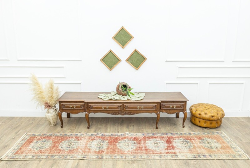 Rustic Turkish Oushak Runner – 2.7x11.7 ft – Distressed Pastel Red & Blue Rug gallery