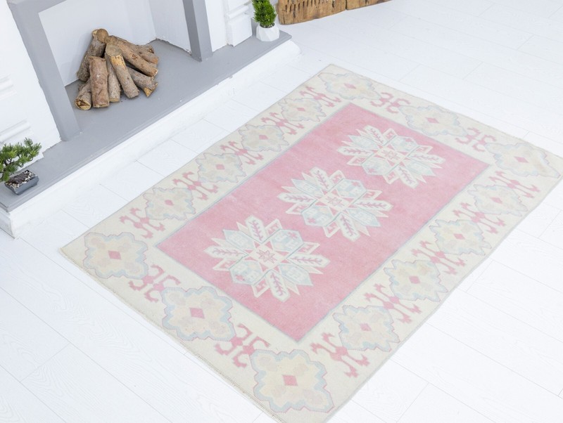 Modern Turkish Oushak Pink Blue Vintage Rug 4x5.5 ft Hand-Knotted Wool Carpet gallery