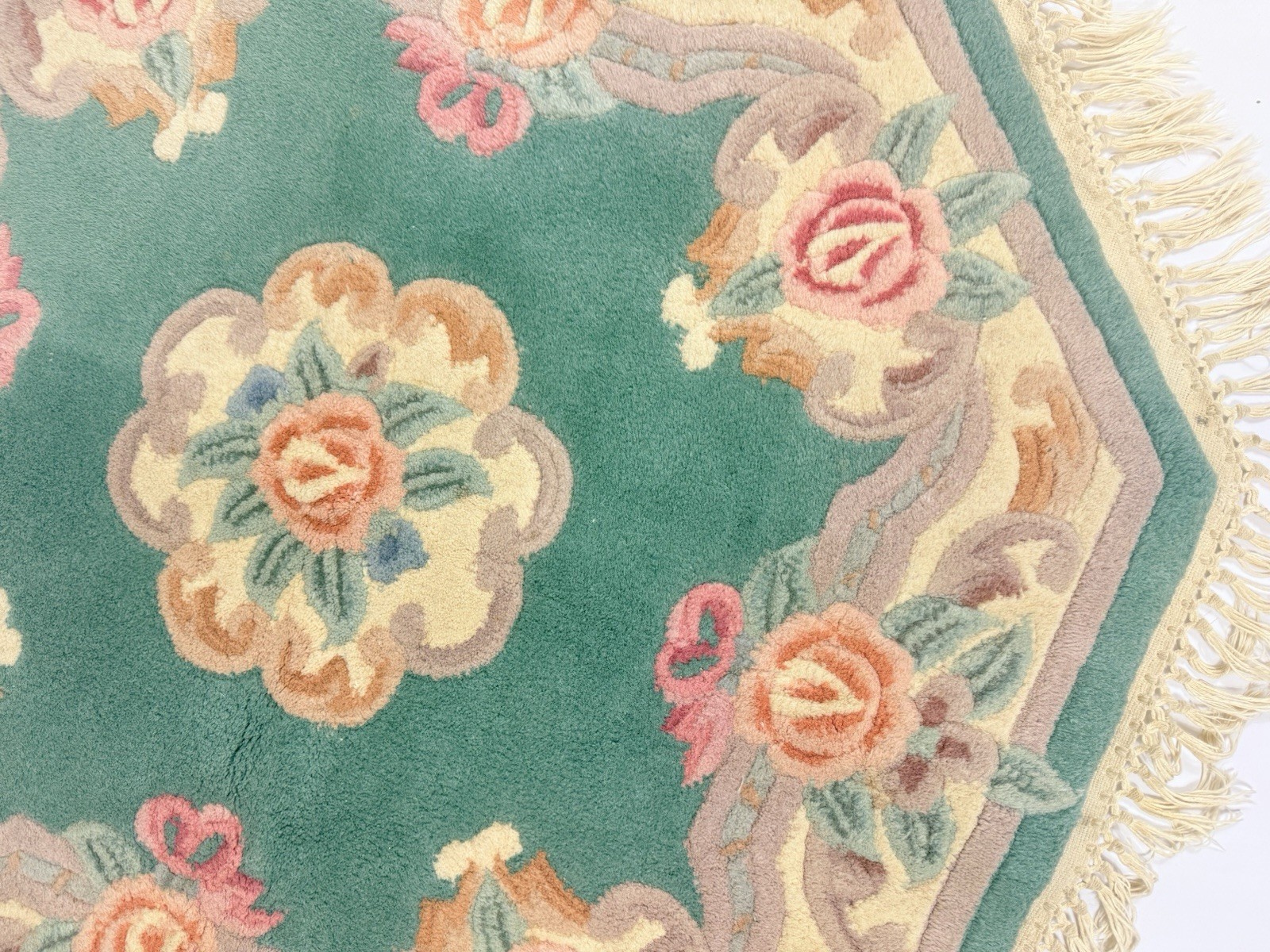 Vintage Octagon 100% Wool Art Deco Dynasty Aubusson Blue Rug 36 X 36" Fringe gallery