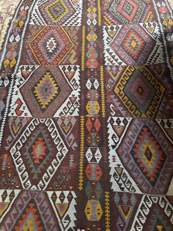 Turkish Handwoven Flat Weave Wool Kilim Rug Black Brown Cream Orange Blue gallery