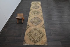 Vintage Turkish Runner Rug 2x11ft Wool Anatolian Handmade Hallway Oushak BEIGE