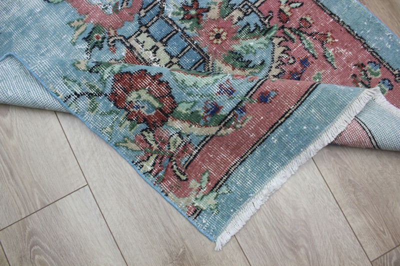 Turquoise Runner Rug Anatolian Oriental Handmade Vintage Floral Carpet 2x10 ft gallery