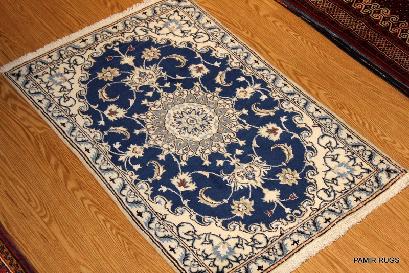 3x5 ft. Fine Quality Genuine NAIN Rug. Wool & Silk Beige Blue Border Rug #2HR gallery