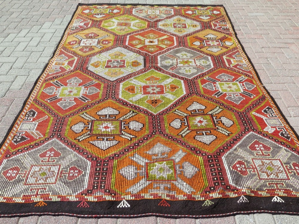 Area Rugs, Vintage Rug, Tribal Rug, Wool Rug Embroidery Kilim Rug Carpet77"X115"