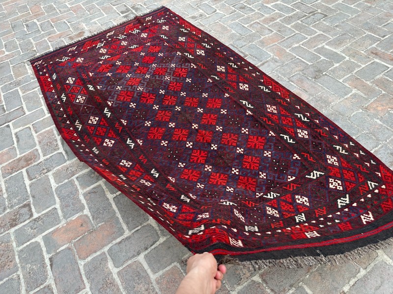 Red Afghan Kilim Rug 5'1x9'6 Handwoven Wool Tribal Geometric Flatweave Vintage gallery