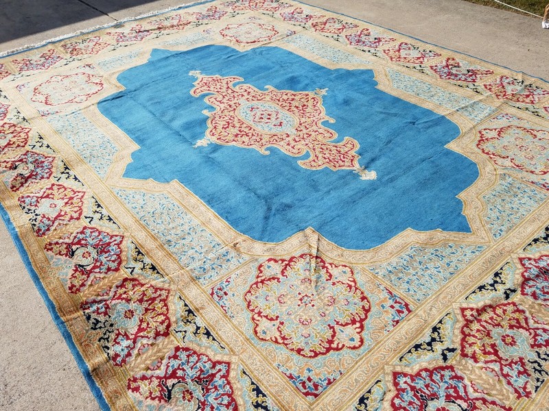 *10"X13' ORIGINAL ANTIQUE CR1920 KRMAN HAND KNOTTED MEDALLION FINE WOOL BLUE RUG gallery