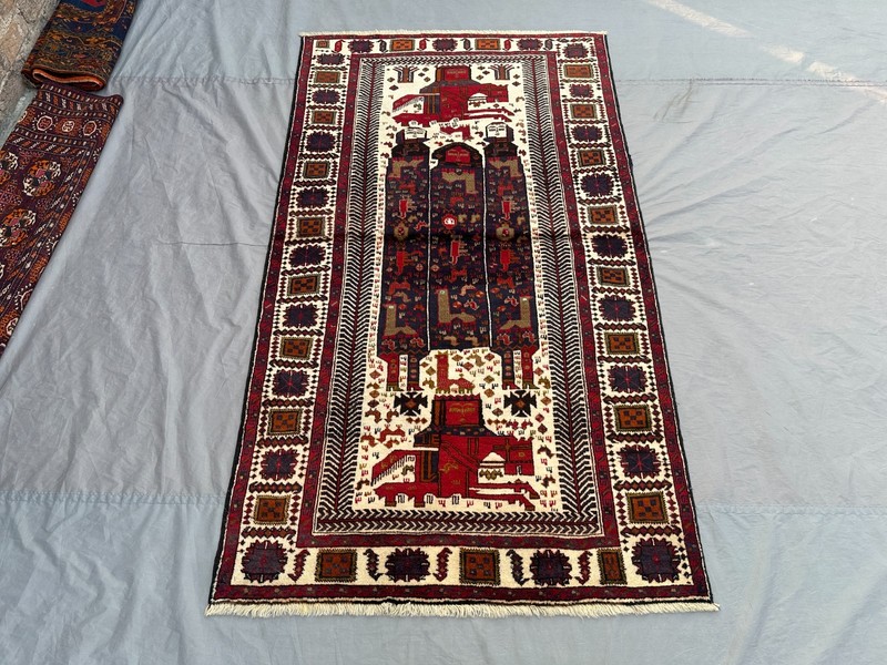 3'7x6'4 Antique Afghan Baluchi Pictorial Rug, Rare Tribal Handmade Wool Boho Rug gallery