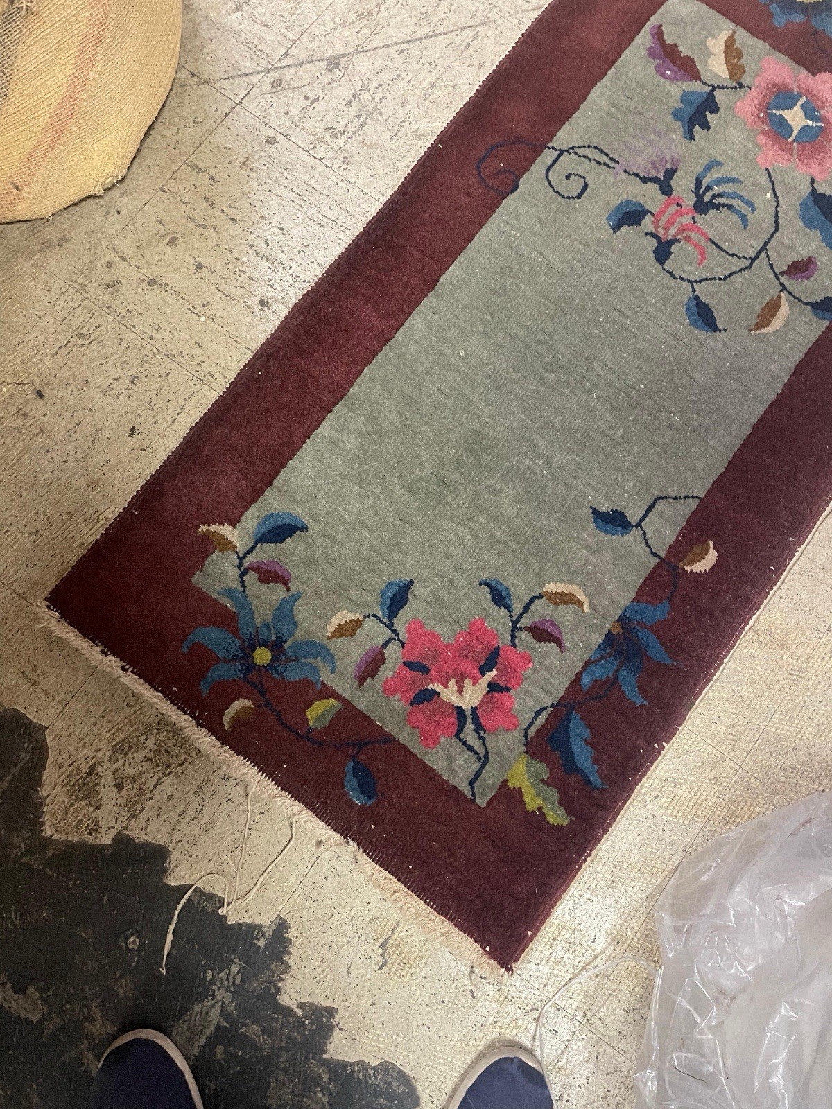 Matched Pair Antique 1920s Chinese Art Deco Rugs 2x4 Sage Green Burgundy Floral gallery