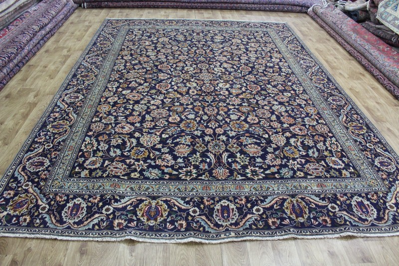 Large Oriental Keshan Wool Carpet 360x260cm 11’10 x 8’6 Blue Floral Medallion gallery