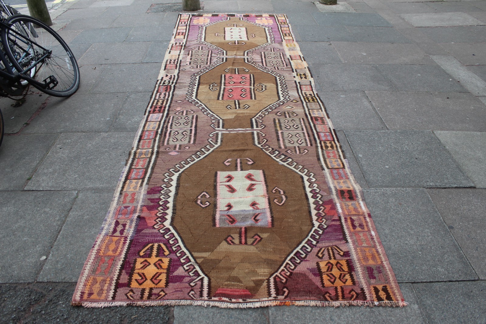 Vintage Traditional Hand Made Oriental Wool Purple Pink Long Kilim 398x117cm gallery