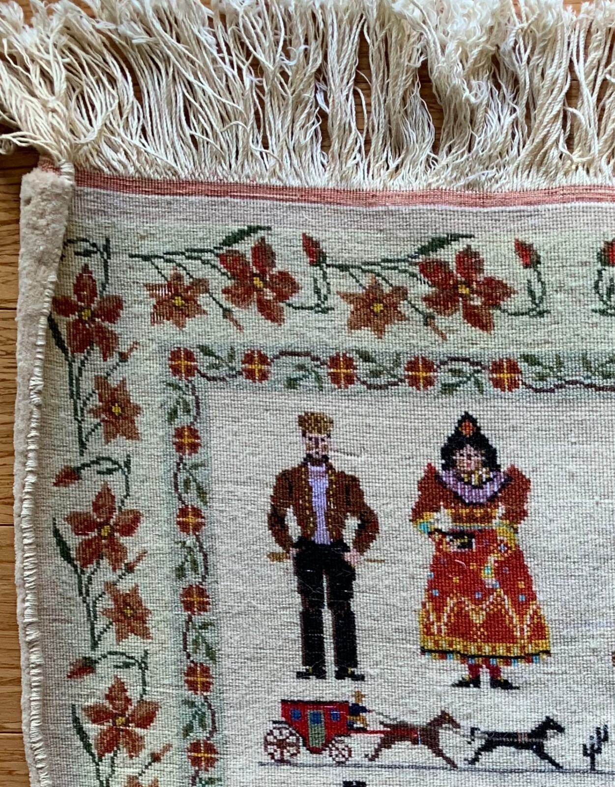 Vintage handmade wool tapestry rug with folk-art design, 22x26 inches gallery