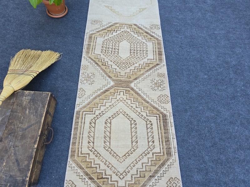 2' x 9' Vintage Neutral Runner Rug, Turkish Oushak Wool Beige Brown Hallway Rug gallery