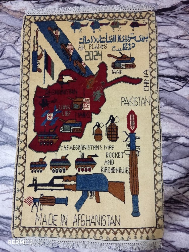 Handmade Afghan War Rug 3x2 - Map, Air Planes 2024, Kalashnikov, Pakistan/China