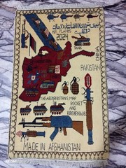 Handmade Afghan War Rug 3×2 – Map, Air Planes 2024, Kalashnikov, Pakistan/China
