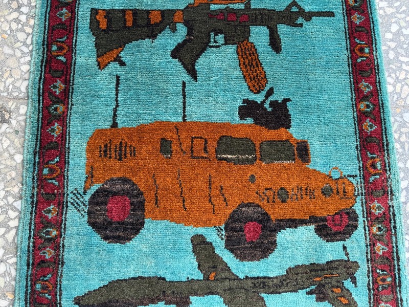 2x3 Afghan Hand Knotted War Rug Pictorial Drones Military Teal Wool Carpet New gallery