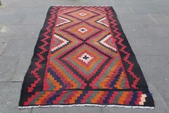 Vintage Traditional Hand Made Oriental Wool Red Green Kilim 330x124cm