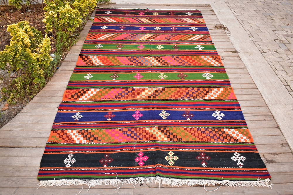 Turkish Kilim Rug 5x10 Size Handwoven Sivas Wool Multi Color Cicim 172x324cm