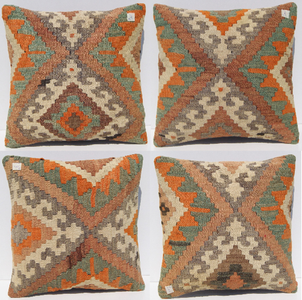 Set of 4 Handmade Kilim Pillow Covers - Authentic Wool, 16x16 Inches