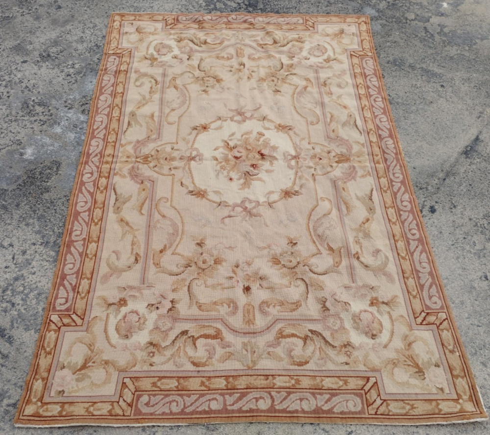 Vintage French Floral Needlepoint Handmade Multicolor Rug Wool Carpet 177x115 cm