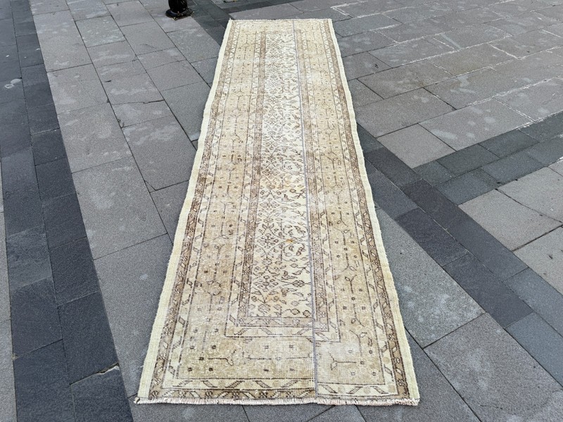 Vintage Turkish Runner Rug 2.8x10.2 ft Beige Cream Hallway Wool Handmade Rug gallery