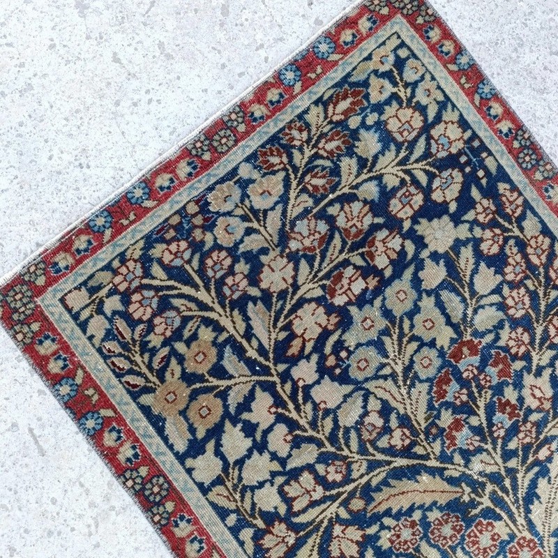 Antique Persian Floral Rug – Tree of Life Design – 2.4 x 4 ft – Red & Blue gallery
