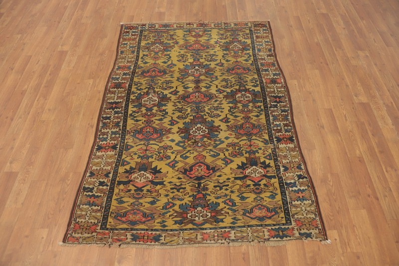 Pre-1900 Gold Kazak Vegetable Dye Antique Rug Wool Hand-knotted Gold Carpet 4x6 gallery