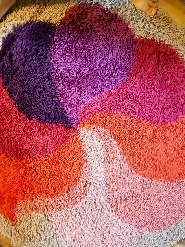 DESSO round shag pile rya rug vintage Mid Century 70s pink purple psychedelic gallery