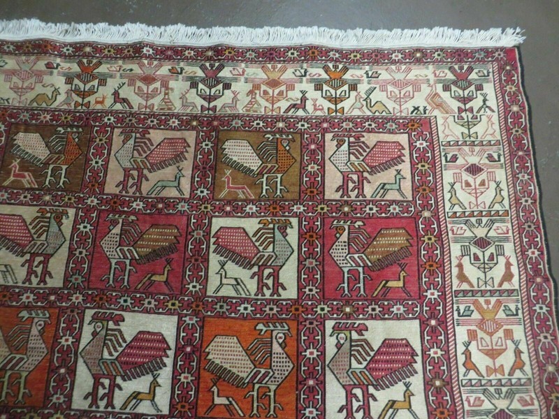 Semi Antique Russian Soumak Rug 4x6, Silk & Wool, Roosters, Panel Design, Rare gallery