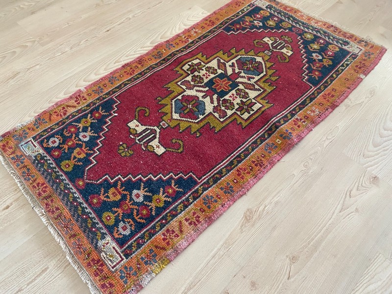 Bold Red Vintage Turkish Small Rug 1.9x3.6 ft Geometric Medallion Anatolian gallery
