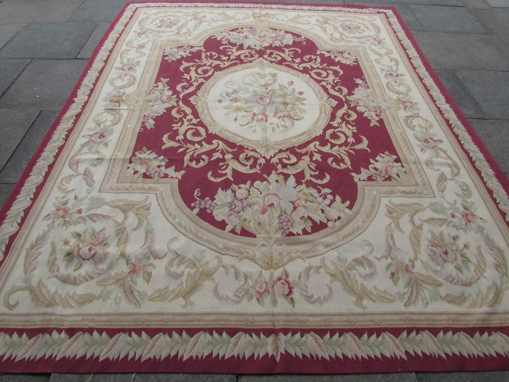 Vintage Hand Made French Design Original Wool Raspberry Red Aubusson 312X244cm
