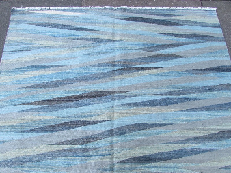 Kilim Vintage Traditional Hand Made Oriental Faded Blue Wool Kilim 196x152cm gallery