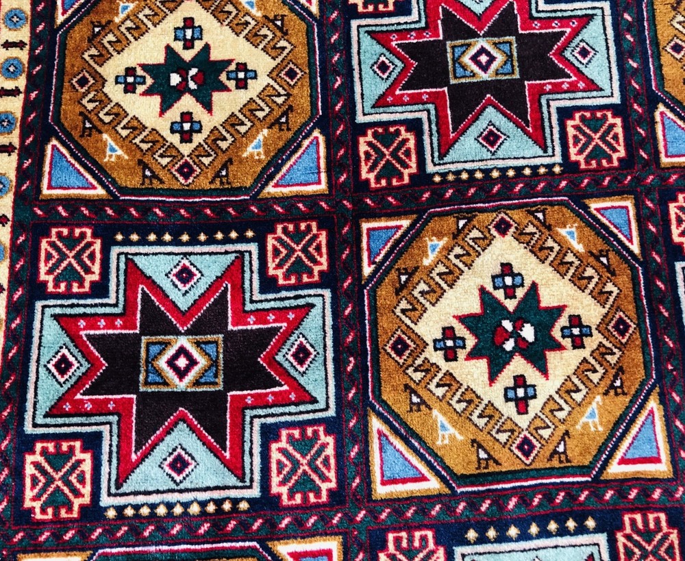 Fine Antique Caucasian Rug 3x5 ft Hand Knotted Heris Kazak Vintage Oriental Rug