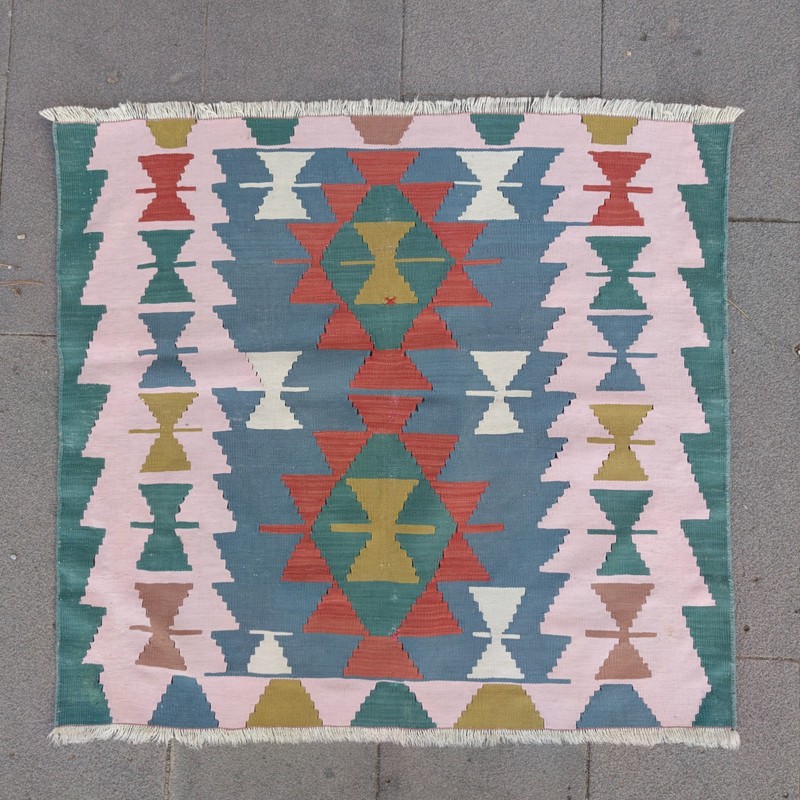 3.02 x 3.22 ft Vintage Square Turkish Kilim Rug , 92 x 98 cm Handmade Wool Kelim gallery
