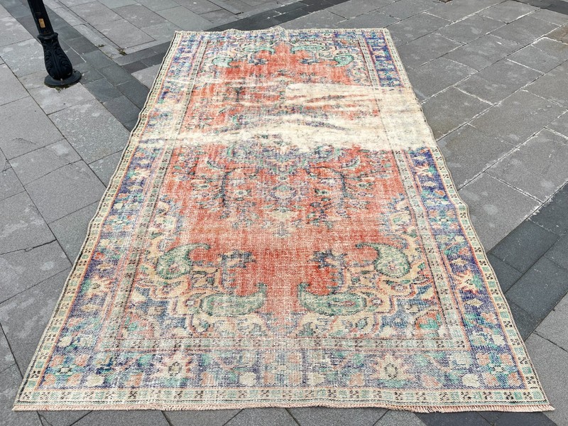 Vintage Turkish Rug 6x10 Faded Distressed Oushak Carpet 5.5x9.5 Terracotta Blue gallery
