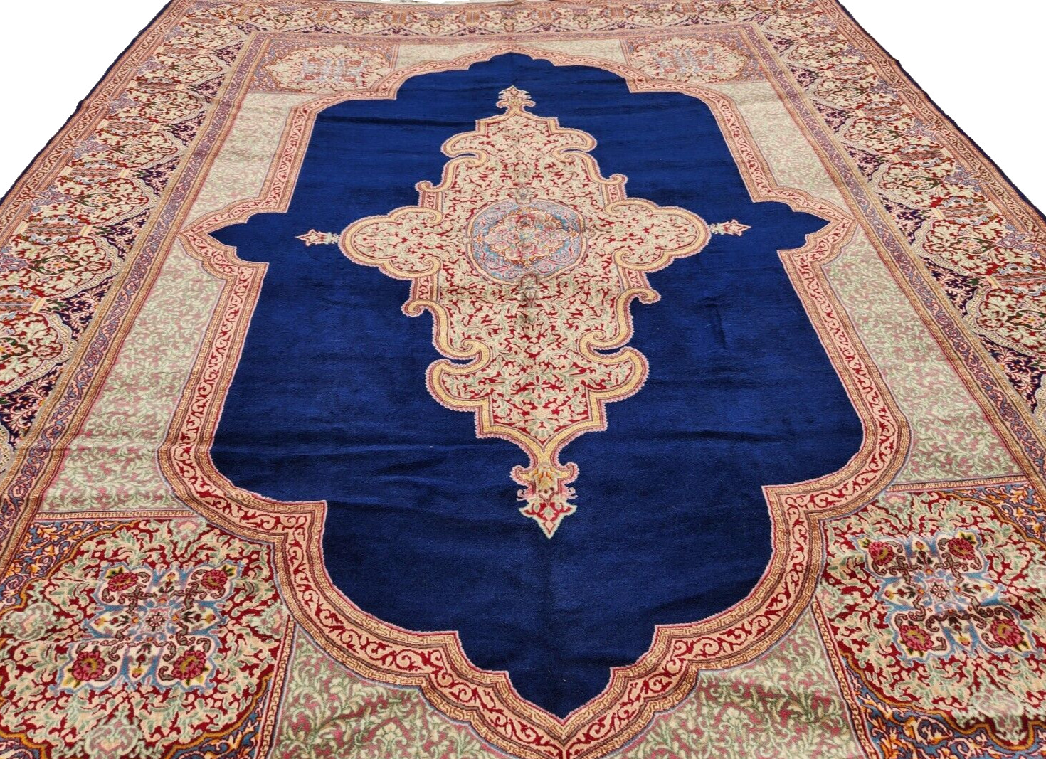 *10"X13' ORIGINAL ANTIQUE CR1920 KRMAN-ESFEHAN HAND KNOTTED WOOL BLUE RUG gallery