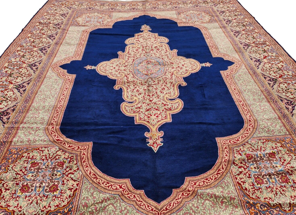 *10"X13' ORIGINAL ANTIQUE CR1920 KRMAN-ESFEHAN HAND KNOTTED WOOL BLUE RUG