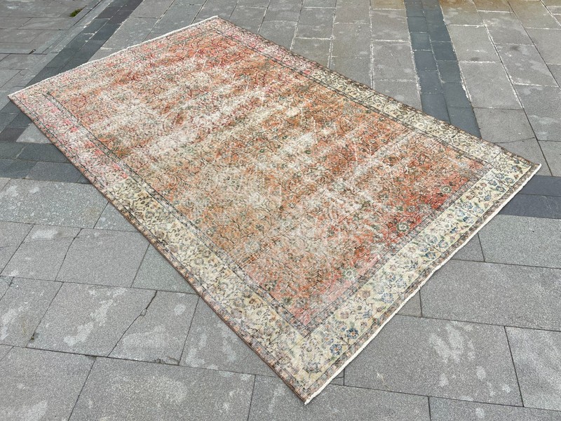 Vintage Turkish Oushak Rug 5.8x9.3 ft Distressed Beige Terracotta Wool gallery