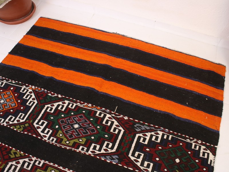 4x6 Turkish Handmade Kilim Rug Orange Black Geometric 4.2x5.6 ft gallery